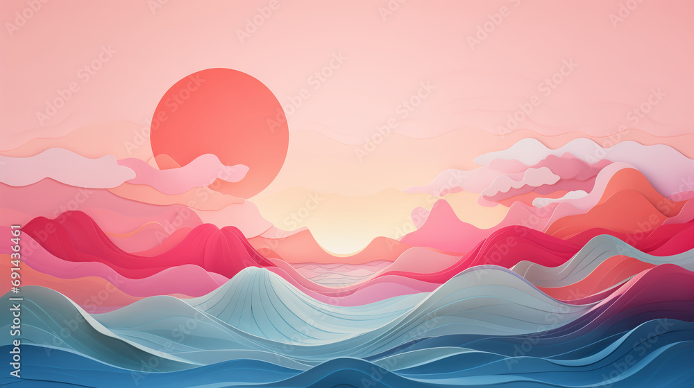 Sunset at the sea landscape scene made with paper, cut out picture pink sunset on a sea. Kids art work Sunset at the sea landscape scene made with paper, cut out picture pink sunset on a sea. Kids art work