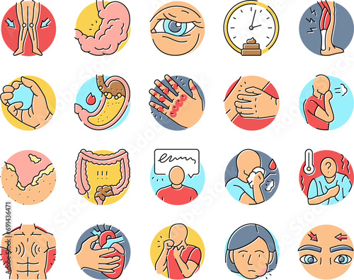 disease symptom health icons set vector. symptom hospital, man vaccine, safety caution, headache fatigue, ill, doctor disease symptom health color line illustrations