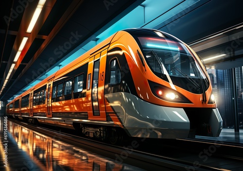 An image of a fast moving modern train in a subway tunnel. 