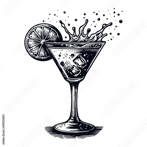 martini glass cocktail with lemon slice and splash vector sketch