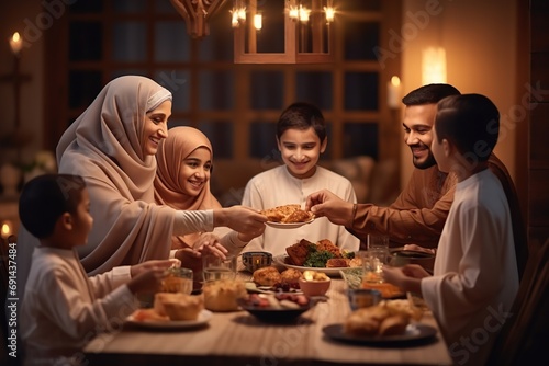 Muslim family enjoying a festive meal, Ramadan celebrations.