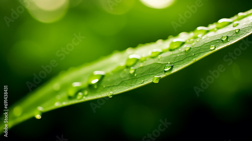 A green leaf with dew drops on it, Generative AI