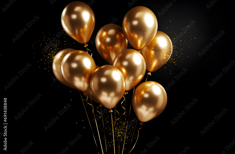 Golden party balloons isolated on black background Golden party balloons isolated on black background