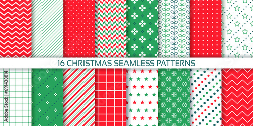 Christmas seamless background. Holiday patterns. Endless textures with stripes, star, zigzag, dots, check. Set red green Xmas design. Festive geometric prints for wrapping papers. Vector Illustration