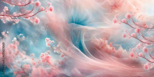 abstract ethereal artistic background with flowers in soft pastel colors blue and pink like floral spring and art concept photo