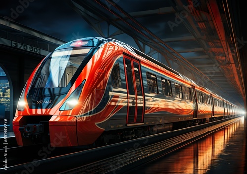 An image of a fast moving modern train in a subway tunnel. 