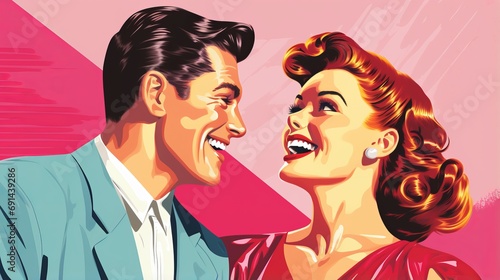 Colorful portrait in retro pop art style depicts laughing couple in playful comic book fashion, symbolizing joy of love and timeless appeal of classic pop culture, vibrant vintage promotional poster