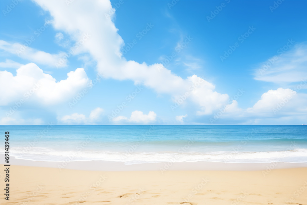 Bumpy tropical sandy beach with blurry blue ocean and sky
