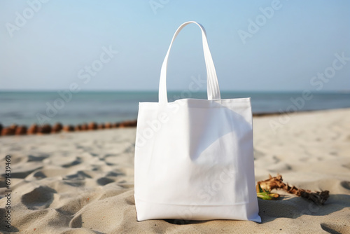 a white bag sitting on top of a sandy beach