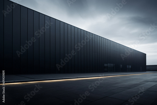a black building with a light on the side