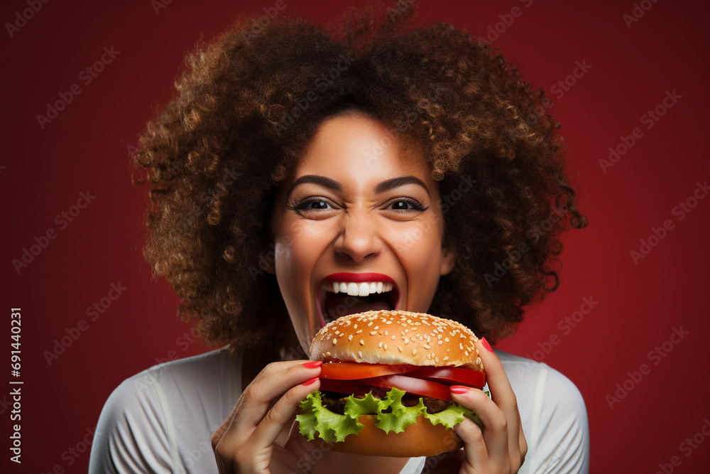 Studio Laughter: Candid Moment of a Woman Enjoying a Burger and Sharing a Smile Studio Laughter: Candid Moment of a Woman Enjoying a Burger and Sharing a Smile