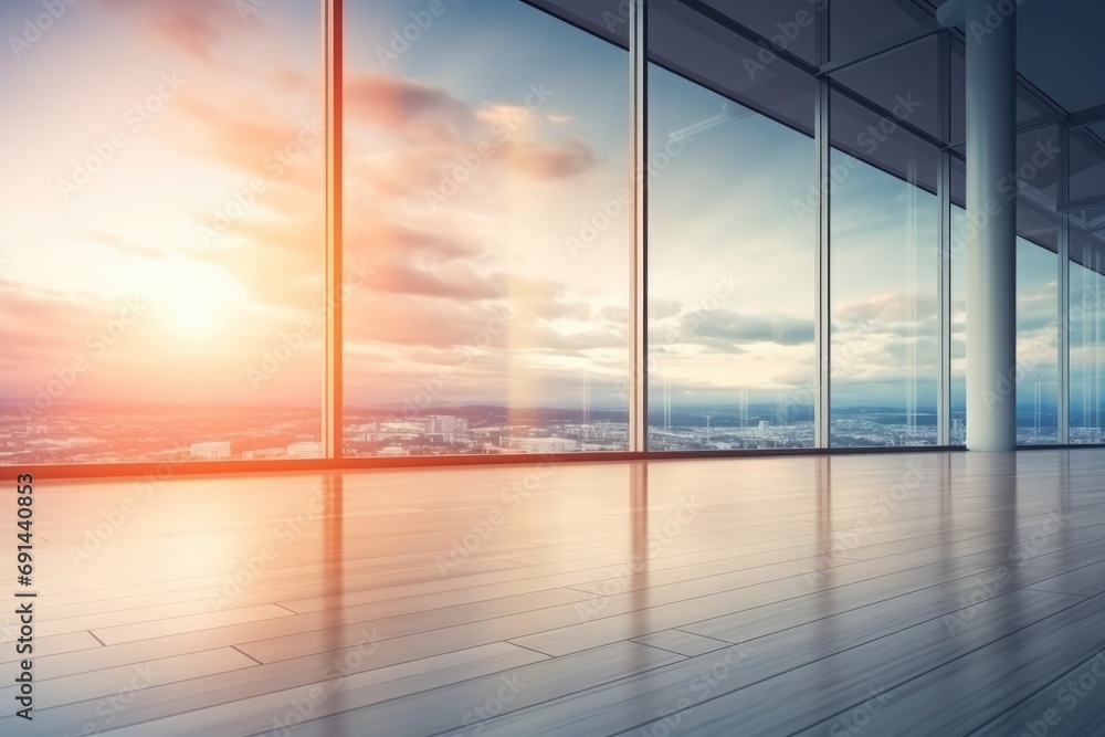 Fototapeta premium Light modern office interior blurred background of panoramic windows and beautiful lighting