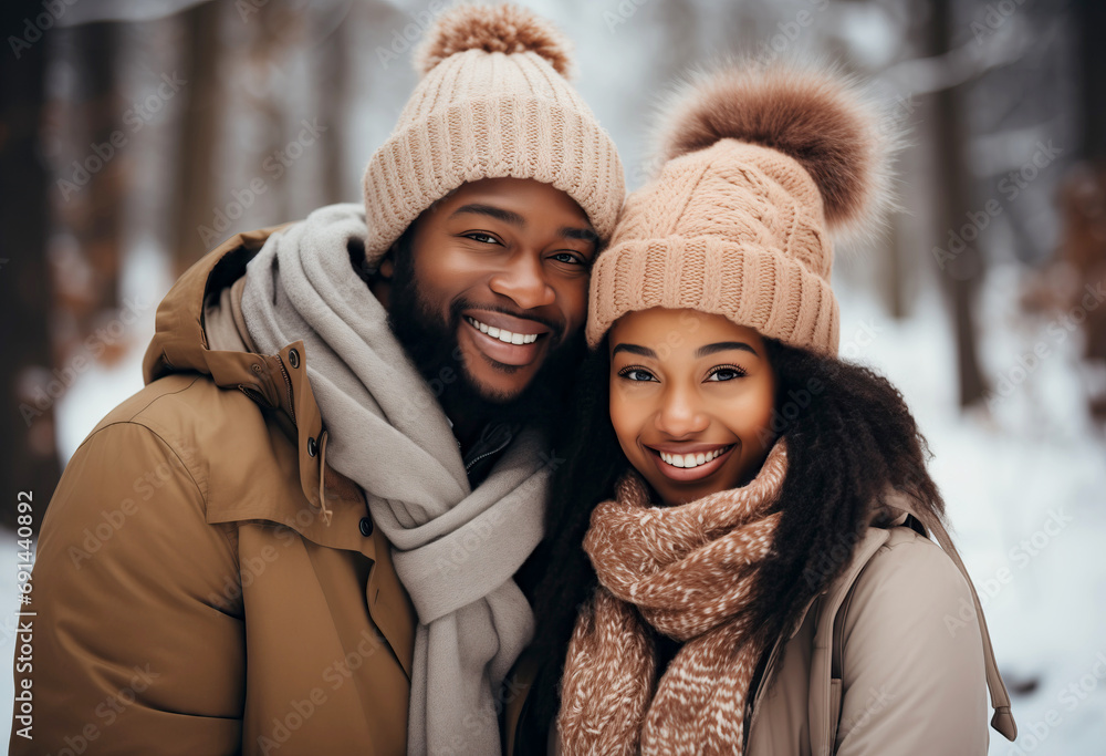 Happy young black couple in winter clothes smiling at camera on snowy background