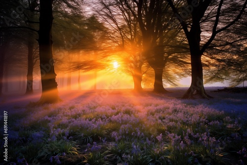 Bluebell forest with dawn sunrise bursting through the trees