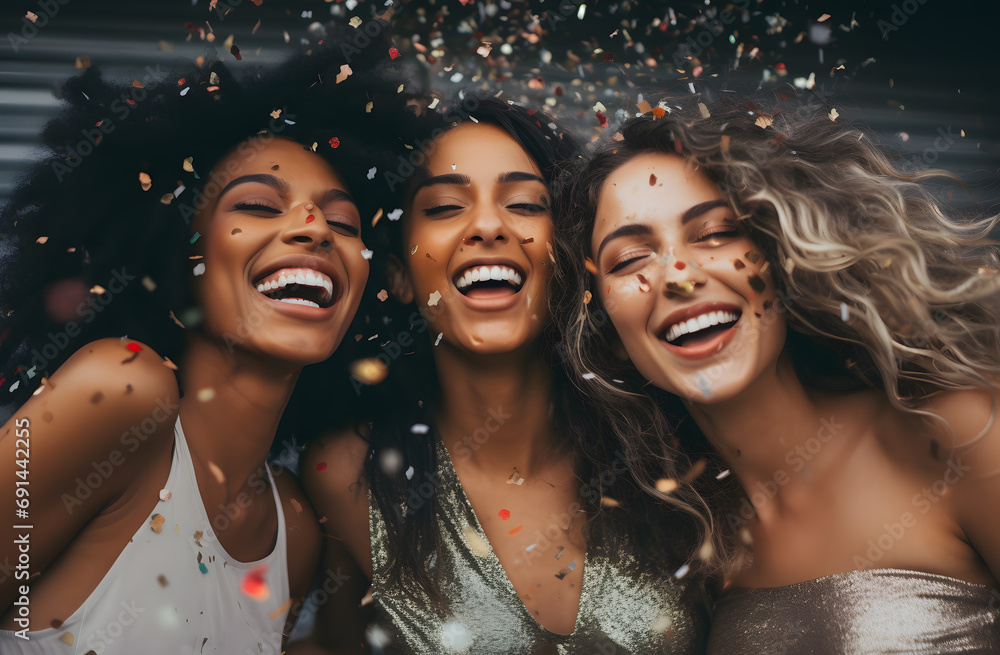 Portrait of Happy young girls celebrating party with confetti.