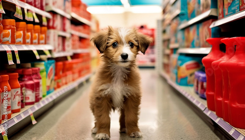 Cute funny dog in grocery store shopping in supermarket. puppy dog sitting in a shopping cart on blurred shop mall background. Concept for animal pets groceries,delivery,shopping background