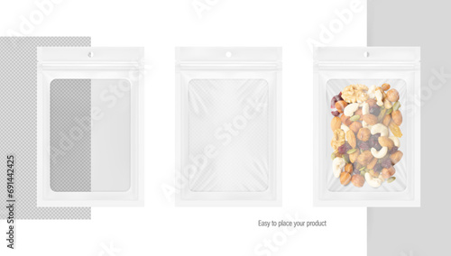 Mylar sachet bag with clear window, ziplock, hang hole and tear notch. Hyper realistic vector illustration isolated on different background. Packaging for food, small electrical items.
