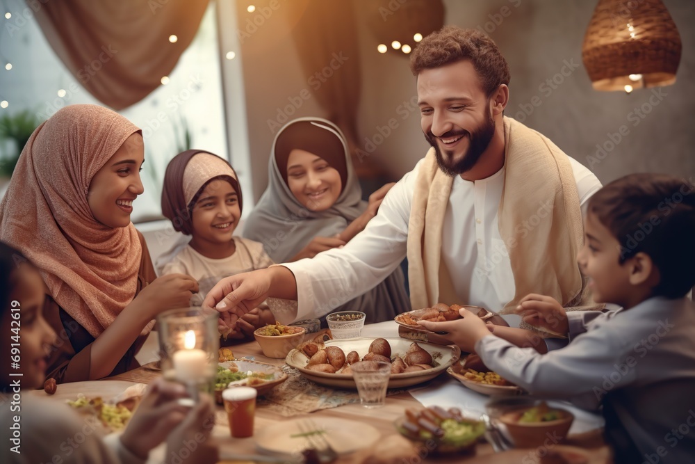 Muslim family enjoying a festive meal, Ramadan celebrations. Muslim family enjoying a festive meal, Ramadan celebrations.