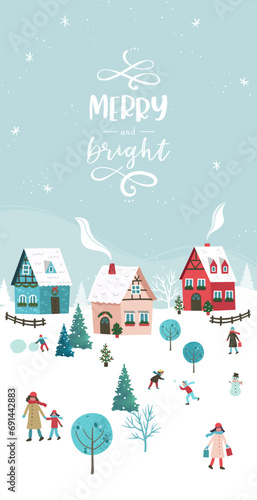 Cute hand drawn Winter landscape with happy people playing, shopping, walking, Vector horizontal banner winter wonderland