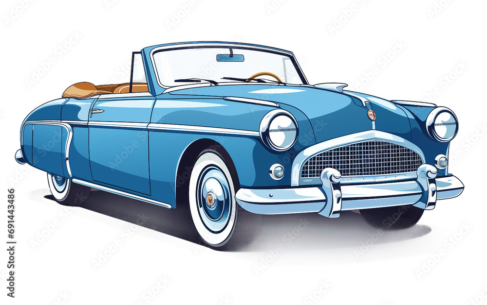 Classic Convertible Car in Vintage Blue isolated on a transparent background.