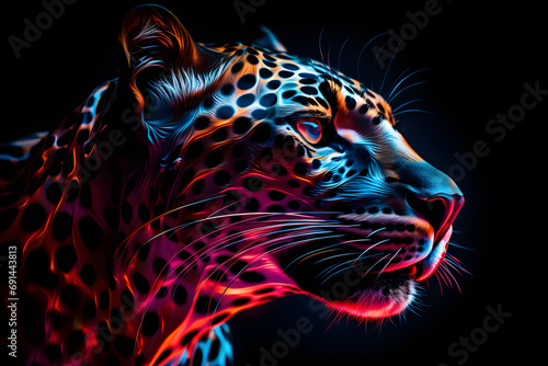 Graphic, colorful artistic portrait in neon colors of leopard on dark background © Oksana