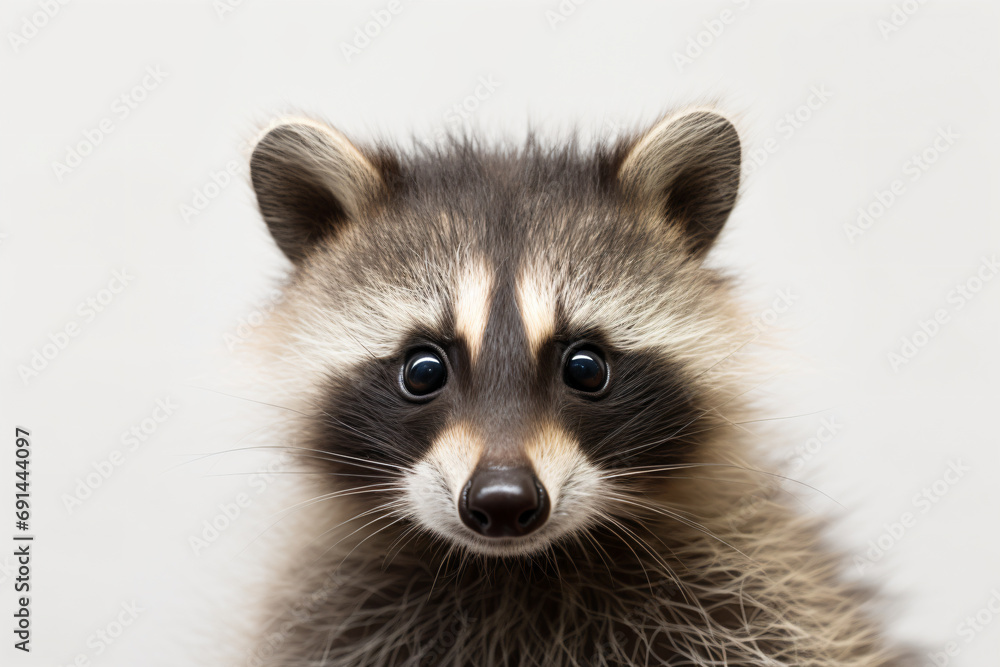 a raccoon looking at the camera with a white background