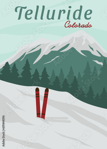 travel ski in telluride poster vintage vector illustration design. national park in colorado vintage poster.