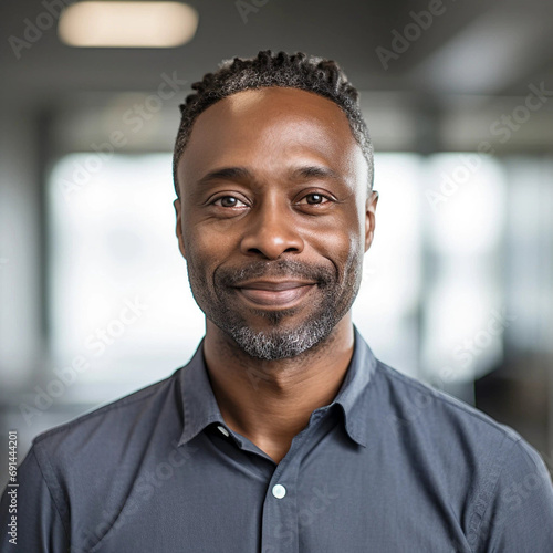 A Headshot of a Smiling African American Middle-Aged Man in an Office
