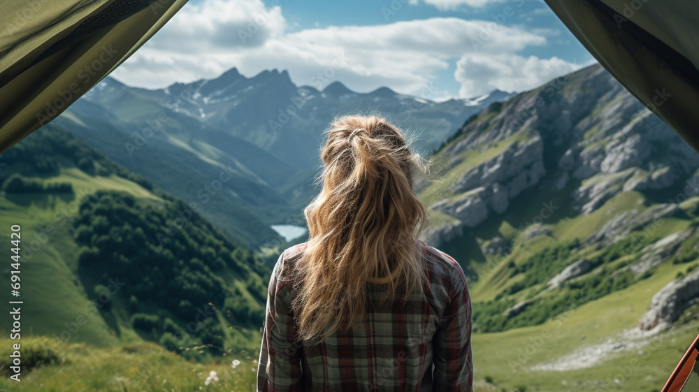 Young woman in the tent looking at the beautiful view of a mountain
