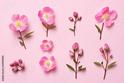 a pink background with pink flowers and leaves