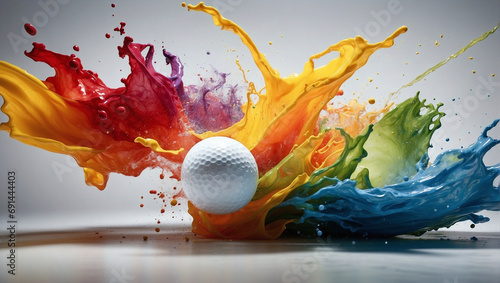 Golf ball on a colorful paint explosion over white background.