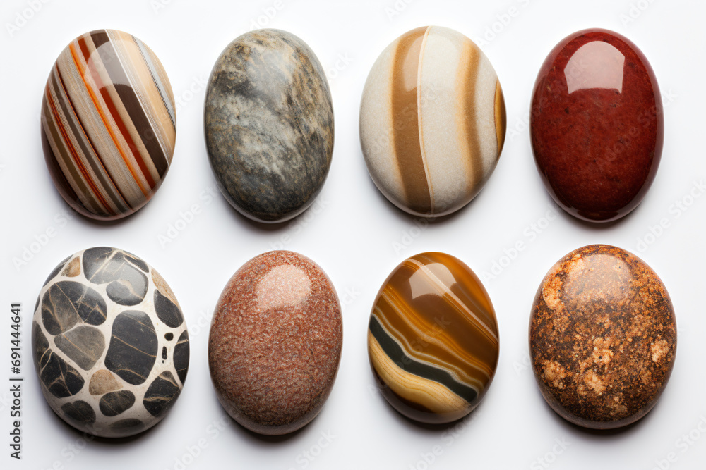 a group of different colored rocks on a white surface