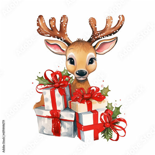 Cute deer with christmass gifts watercolor paint 