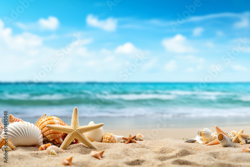 a beach with shells and starfishs on the sand