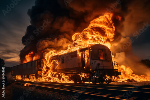 a train is on fire with a lot of smoke