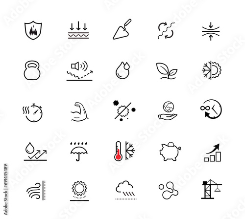 Cement and concrete icons set. The outline icons are well scalable and editable. Contrasting elements are good for different backgrounds. Ideal for use in design, packaging, etc. EPS10.