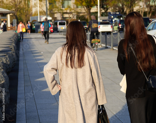 冬の東京都の皇居外苑の前の道路で歩く人々の観光客の姿