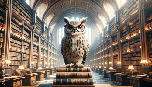 AI generated majestic owl with modern spectacles perched on ancient books in a grand library, exuding wisdom and intellect