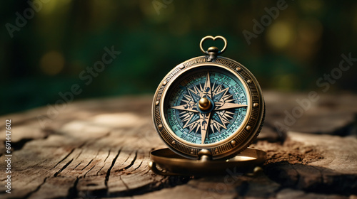 Vintage compass standing on old wood