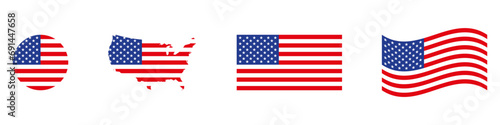 USA flag icon set. Stripes flags united states with stars. 4 July, Veteran and Memorial day vector banner. American national symbol isolated on transparent background. Vector illustration.