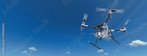 Fototapeta Naklejka Na Ścianę i Meble -  A modern aerial drone (quadcopter) with remote control, flying with an action camera. Against the background of the sky and clouds. Background: photo. Drone: 3d model. 3d illustration.