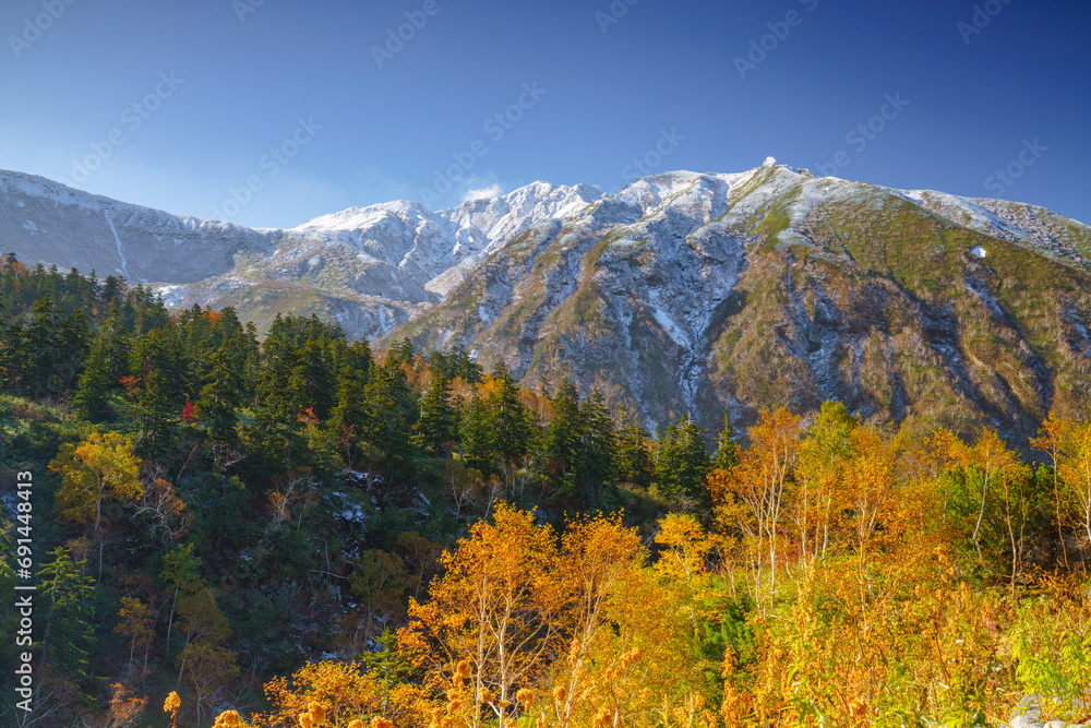 冠雪した十勝岳と紅葉　上富良野八景　北海道観光秋