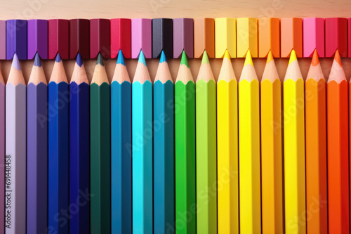 Gradient of vivid colored pencils on wooden surface, ideal for artists and school projects. © Sascha