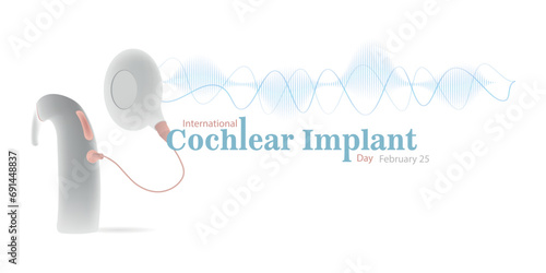International Cochlear Implant Day February 25.
Simulation of a cochlear implant and sound waves coming out of it in blue tone and white background.