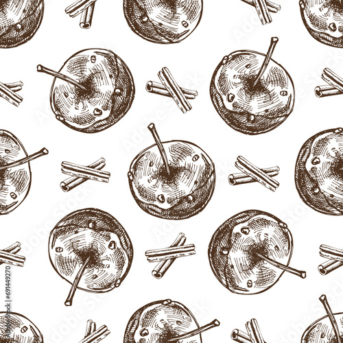 Seamless pattern of hand-drawn Caramel apples sketch and cinnamon stick. Vector food drawing. Traditional Christmas, Halloween dessert. Illustration for packaging, label, recipe, menu. 