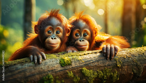 Portrait of two beautiful baby orangutans looking at camera. Two beautiful little monkeys with brown and orange fur look on in amazement, leaning against a tree trunk in the rainforest. photo