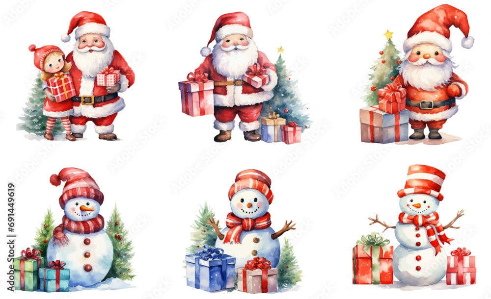 Santa Claus and snowman with christmas giftbox watercolor vector illustration