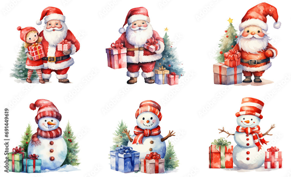 Santa Claus and snowman with christmas giftbox watercolor vector illustration Santa Claus and snowman with christmas giftbox watercolor vector illustration