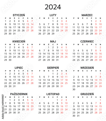 2024 polish calendar. Printable, editable vector illustration for Poland. 12 months year kalendarz