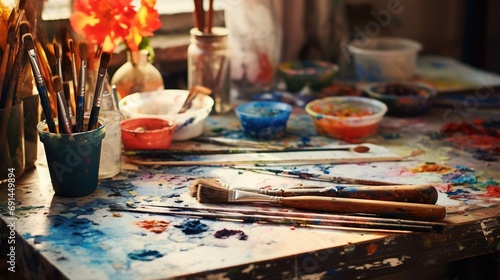 A close-up of an artist's table with paintbrushes, tubes of paint, and a palette, showcasing a creative copy space